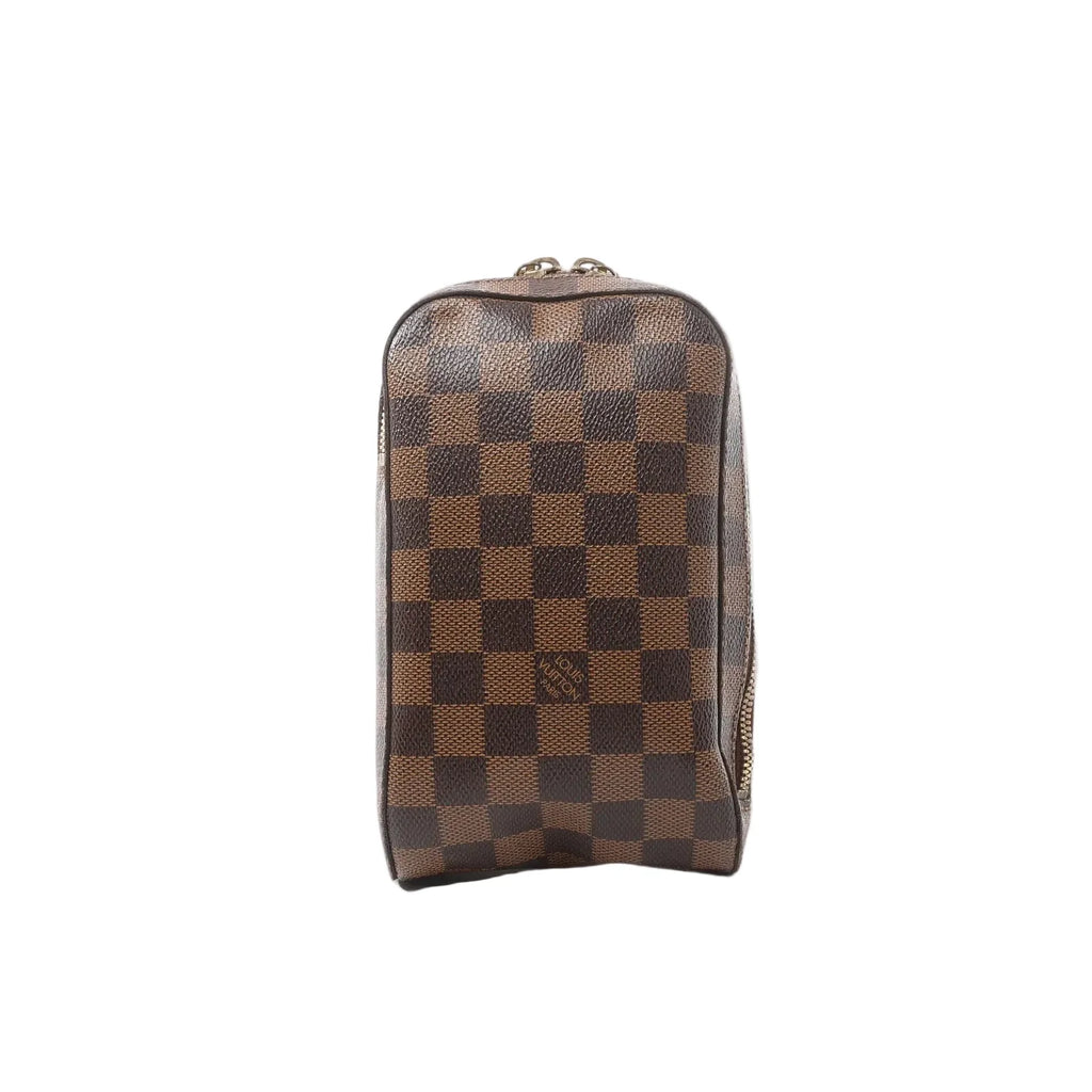 Louis Vuitton Geronimos crossbody bag in brown Damier Ebene canvas with structured rectangular shape, zip-around closure, and dark brown leather trim on a light gray background.