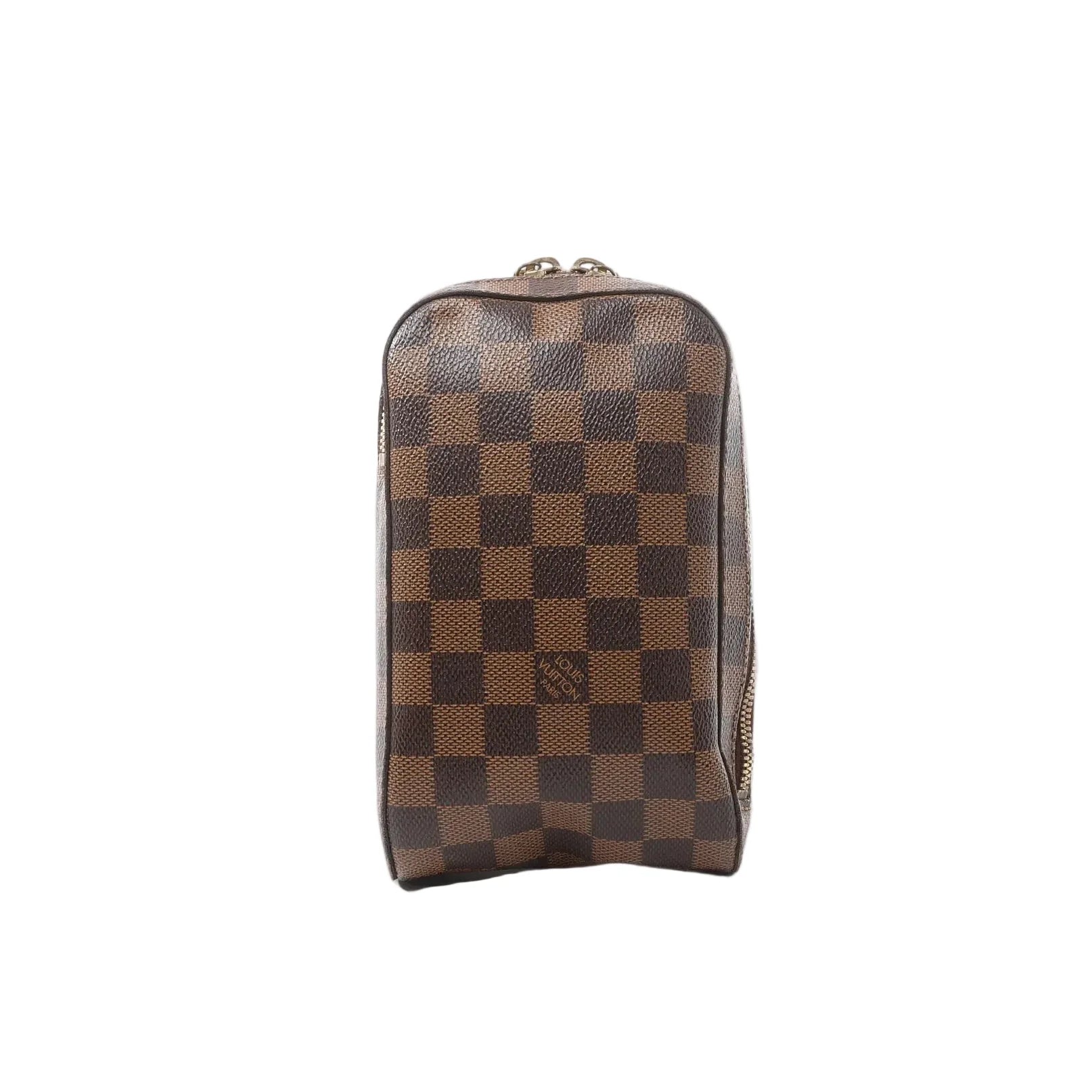Louis Vuitton Geronimos crossbody bag in brown Damier Ebene canvas with structured rectangular shape, zip-around closure, and dark brown leather trim on a light gray background.