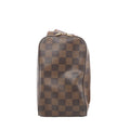 Brown Louis Vuitton Geronimos Damier Ebene bag with a checkerboard pattern, rounded rectangular shape, dark leather piping and two gold-tone zip pulls.