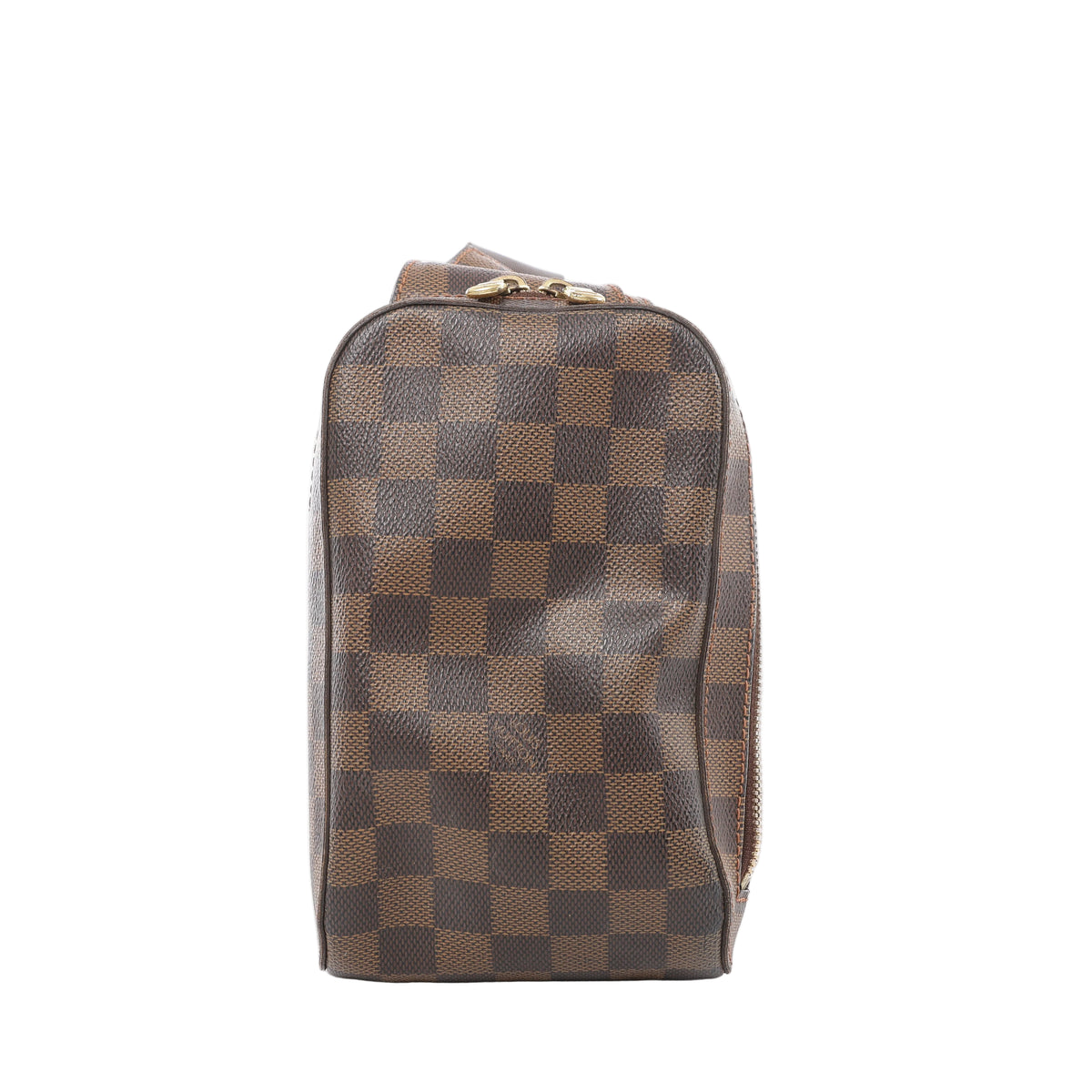 Brown Louis Vuitton Geronimos Damier Ebene bag with a checkerboard pattern, rounded rectangular shape, dark leather piping and two gold-tone zip pulls.