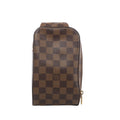 Louis Vuitton Geronimos bag in brown Damier Ebene checkerboard canvas with rounded corners, dark leather piping and gold-tone zip pulls.