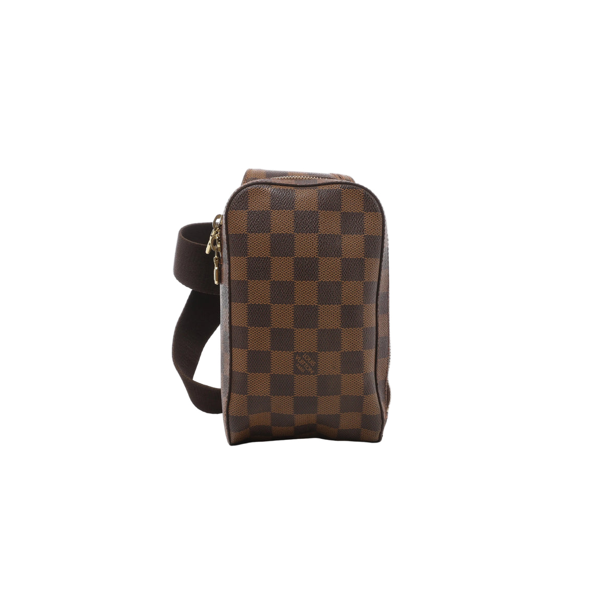 A Louis Vuitton Geronimos crossbody bag in brown Damier Ebene checkered canvas, shown vertically with a brown webbed strap and gold-tone zip closure.