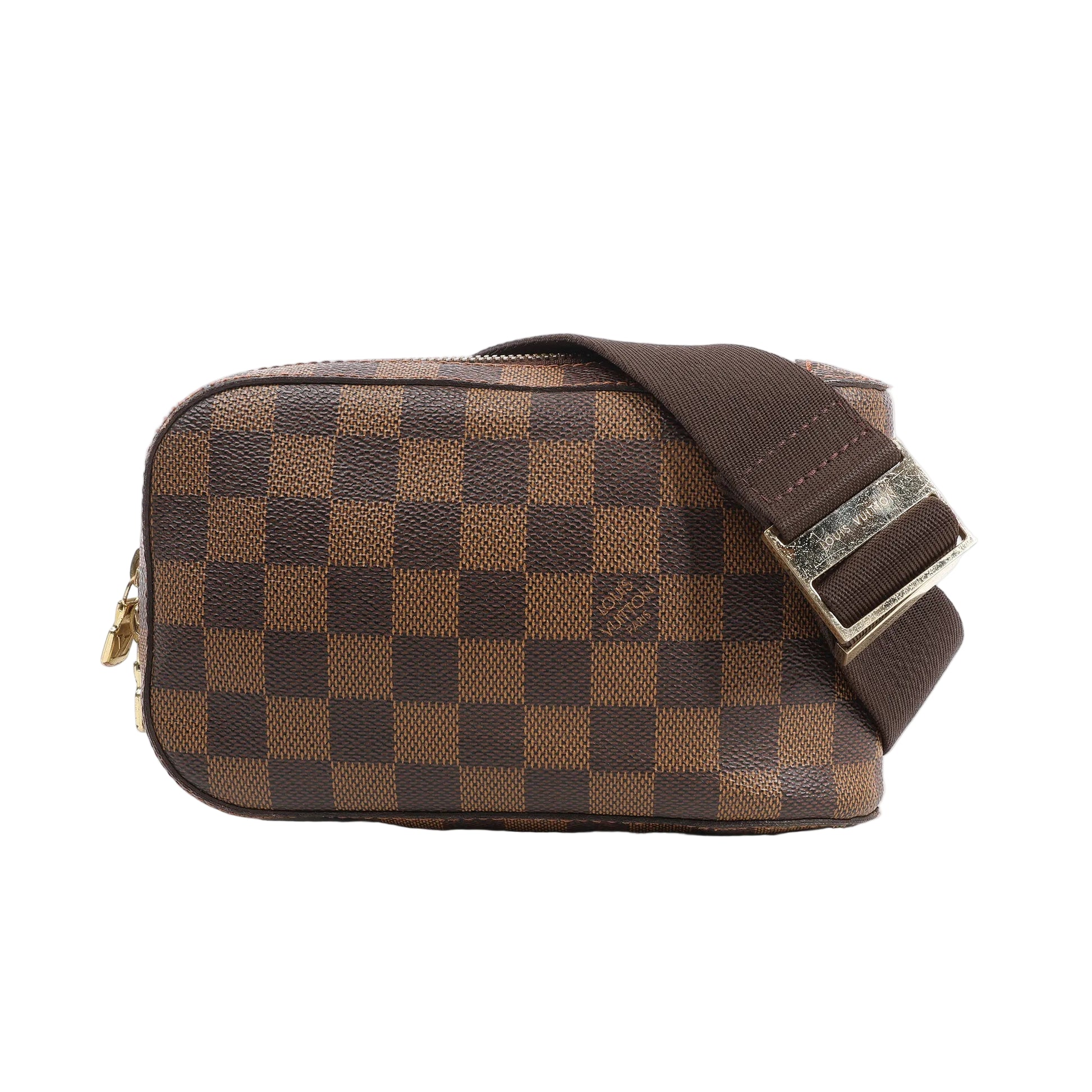 Louis Vuitton Damier Ebene Geronimos Crossbody Bag N51994 in brown checkered coated canvas with gold-tone zipper, brown fabric adjustable strap, and metal buckle, displayed against a white background.