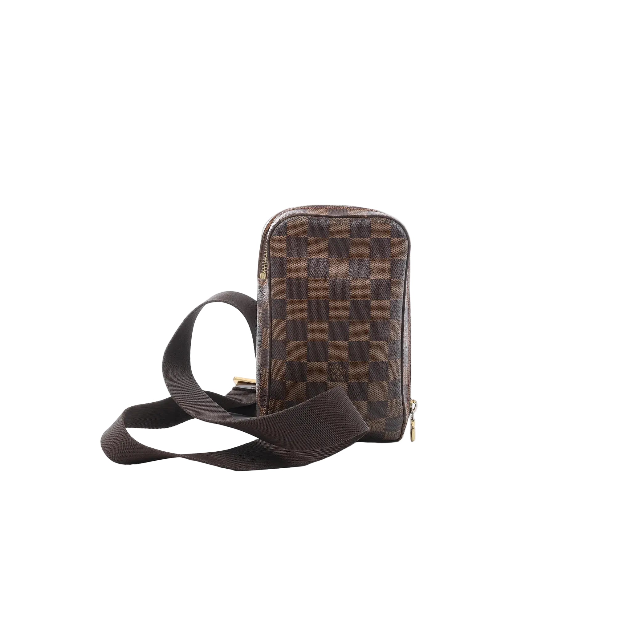 Louis Vuitton Geronimos crossbody bag in brown Damier Ebene canvas with a vertical shape, zip-around closure and wide brown textile strap.