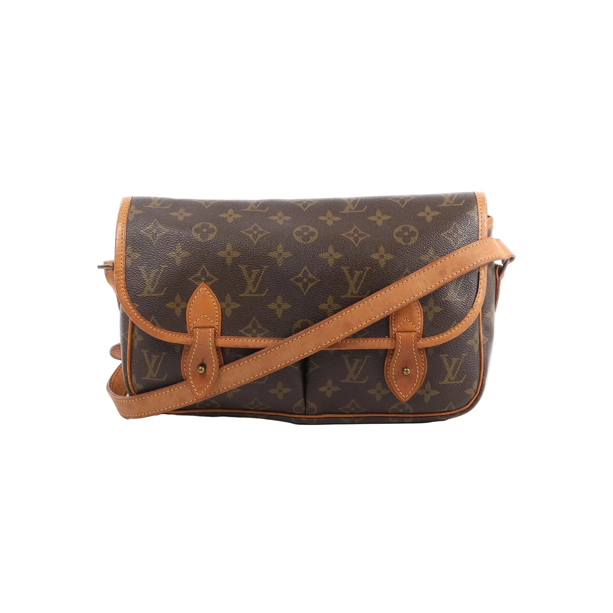 Louis Vuitton Gibecière MM crossbody bag in brown Monogram canvas with tan leather trim, flap front, and long shoulder strap on white background