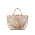 Louis Vuitton Girolata Damier Azur handbag in beige check canvas with natural leather trim, top handles, and a detachable shoulder strap on a white background.