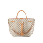 Louis Vuitton Girolata Damier Azur handbag in beige check canvas with natural leather trim, top handles, and a detachable shoulder strap on a white background.