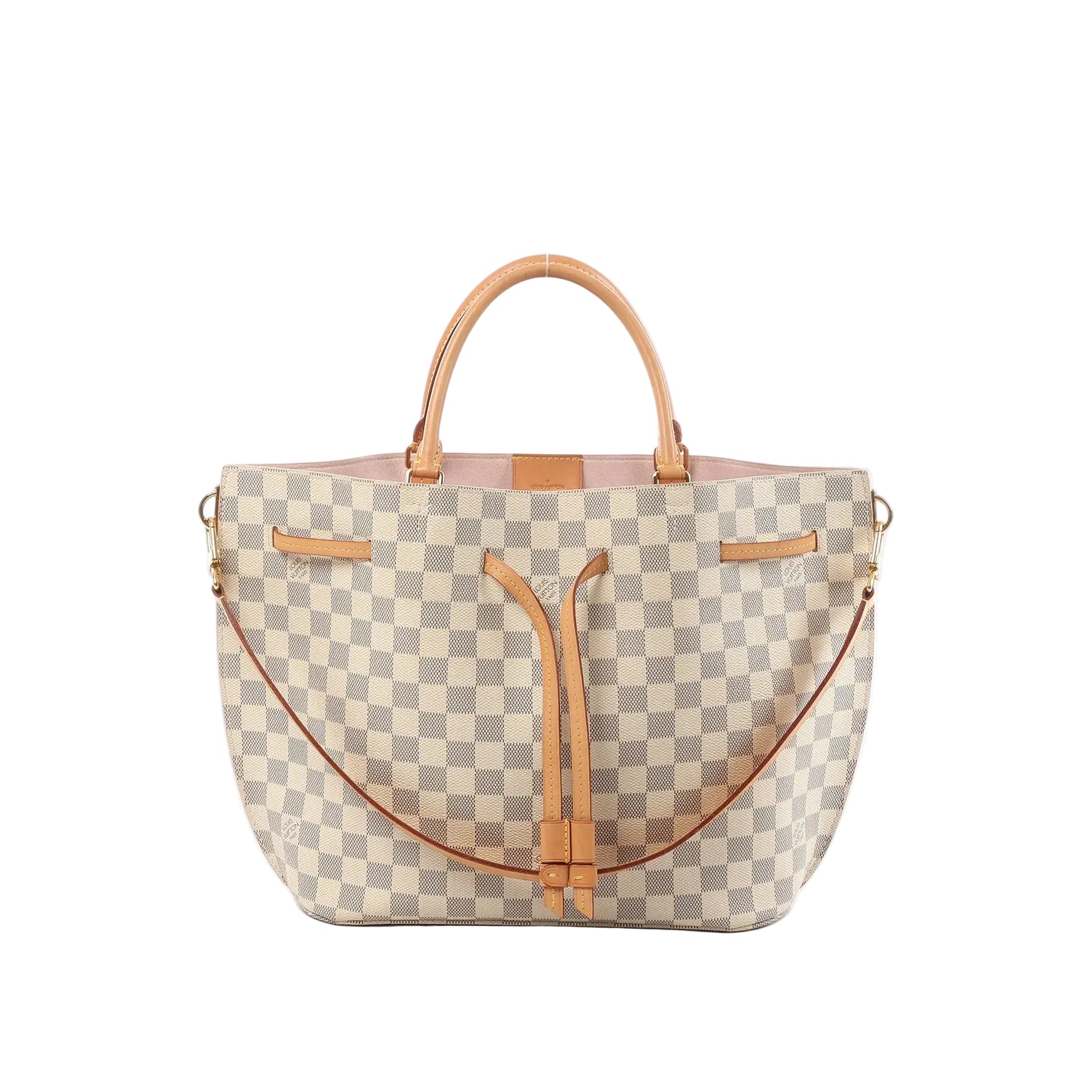 Louis Vuitton Girolata Damier Azur handbag in beige check canvas with natural leather trim, top handles, and a detachable shoulder strap on a white background.