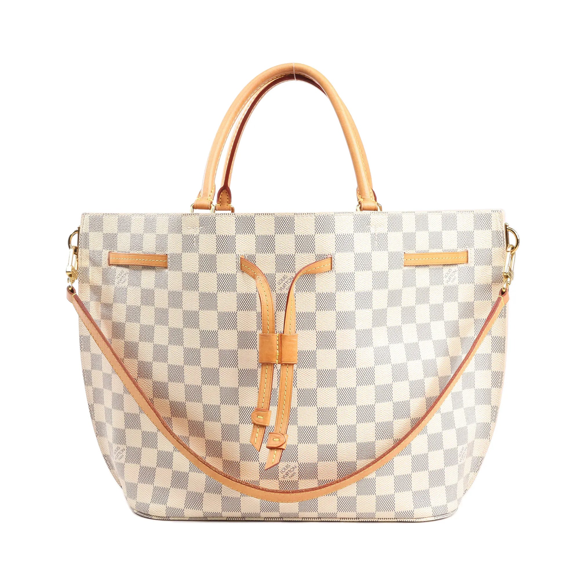Louis Vuitton Girolata 2Way handbag in beige Damier Azur canvas featuring a drawstring front detail, natural leather top handles and trim, and a detachable shoulder strap with gold-tone hardware.