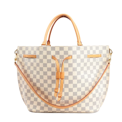 Louis Vuitton Girolata 2Way handbag in beige Damier Azur canvas featuring a drawstring front detail, natural leather top handles and trim, and a detachable shoulder strap with gold-tone hardware.