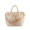 Louis Vuitton Girolata handbag in Damier Azur check canvas with tan leather top handles, tan leather shoulder strap, and front leather tie detail.