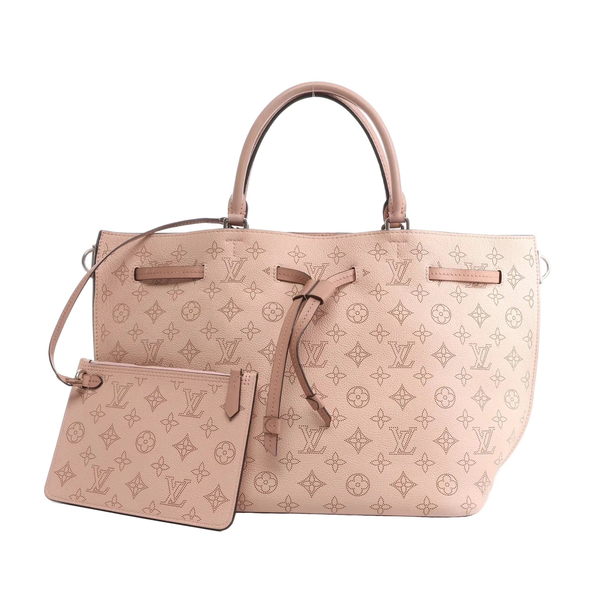 Louis Vuitton Girolata Mahina Monogram 2Way handbag in pink perforated leather with LV Monogram pattern, two top handles, center leather tie detail, detachable shoulder strap, and matching zip pouch, on a white background.