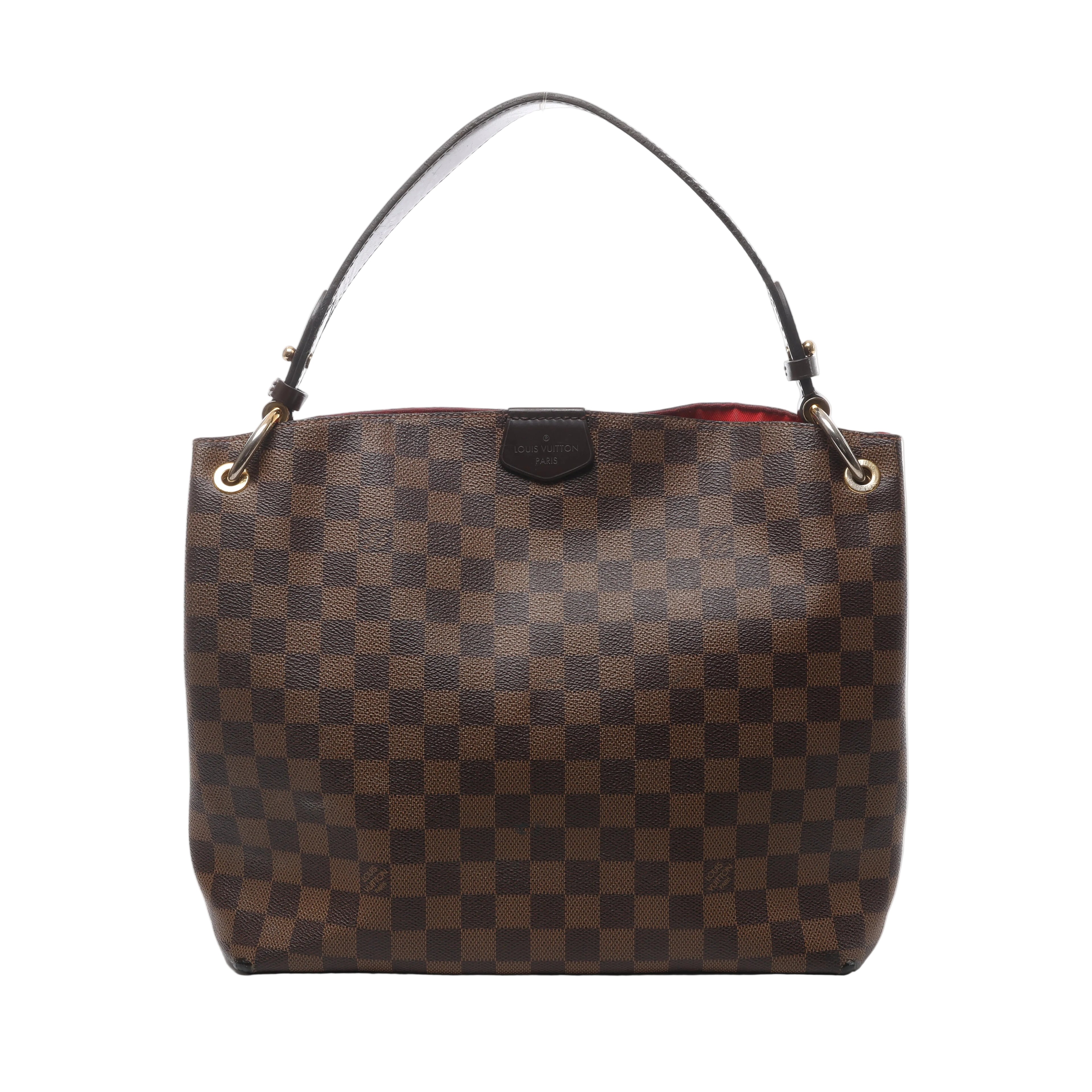 Brown Louis Vuitton Graceful PM Damier Ebene shoulder bag with dark leather strap, gold-tone eyelets and a glimpse of red lining.