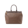 Louis Vuitton Damier Ebene checkered handbag with dark brown leather top trim and handles, zip-top closure, and gold-tone padlock detail