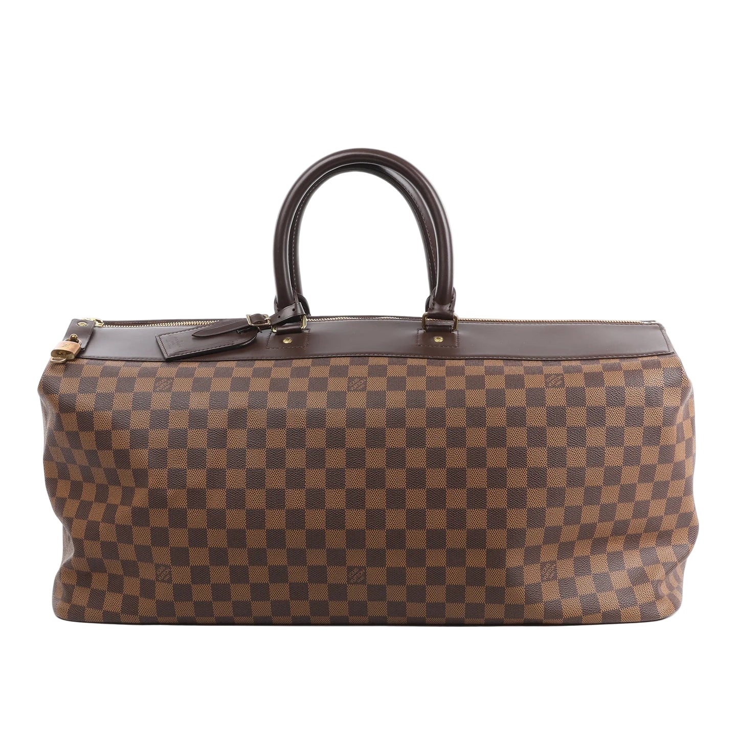 Louis Vuitton Greenwich GM handbag N41155 in Damier Ebene brown checkered canvas with dark leather trim, dual rolled handles, top zip closure, and structured rectangular silhouette against a white background.