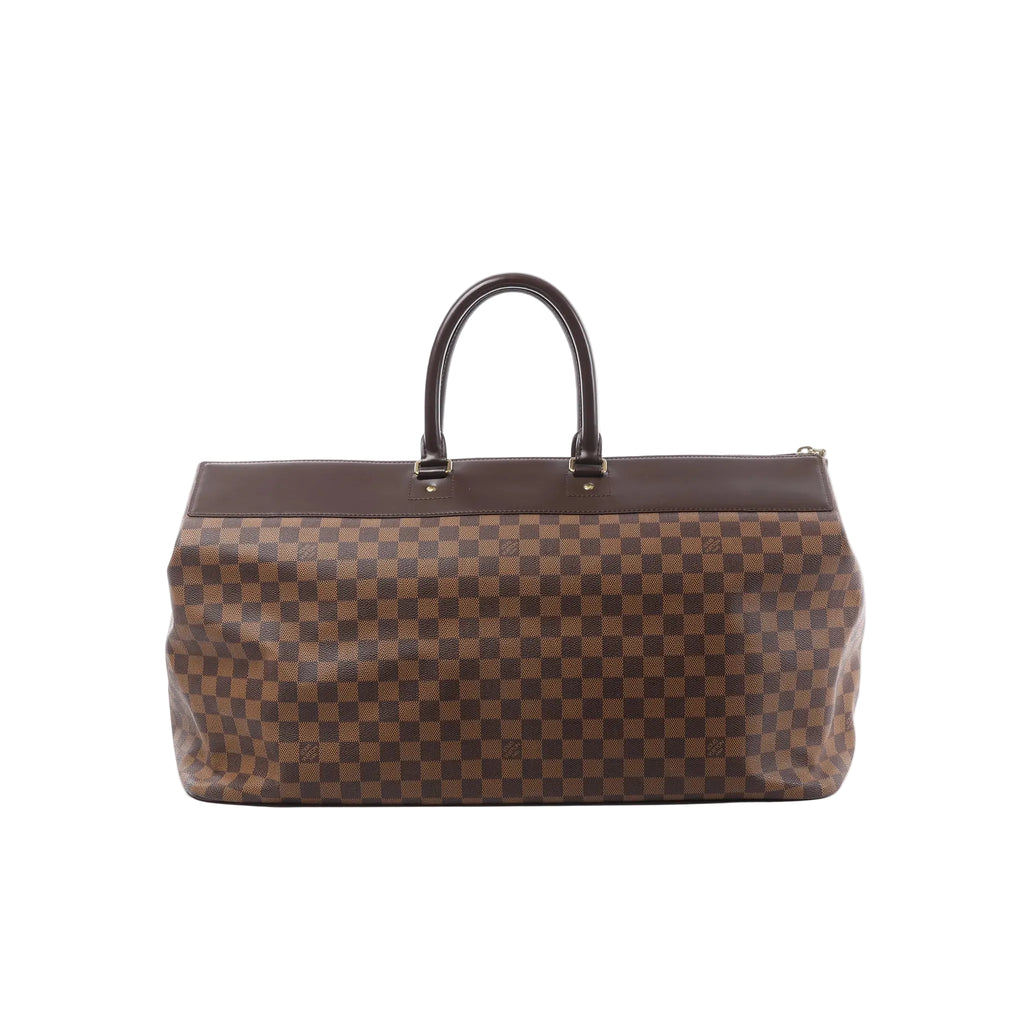 Louis Vuitton Greenwich GM Damier Ebene bag with brown check canvas, dark leather top handles, and zip-top closure, front view on a white background.