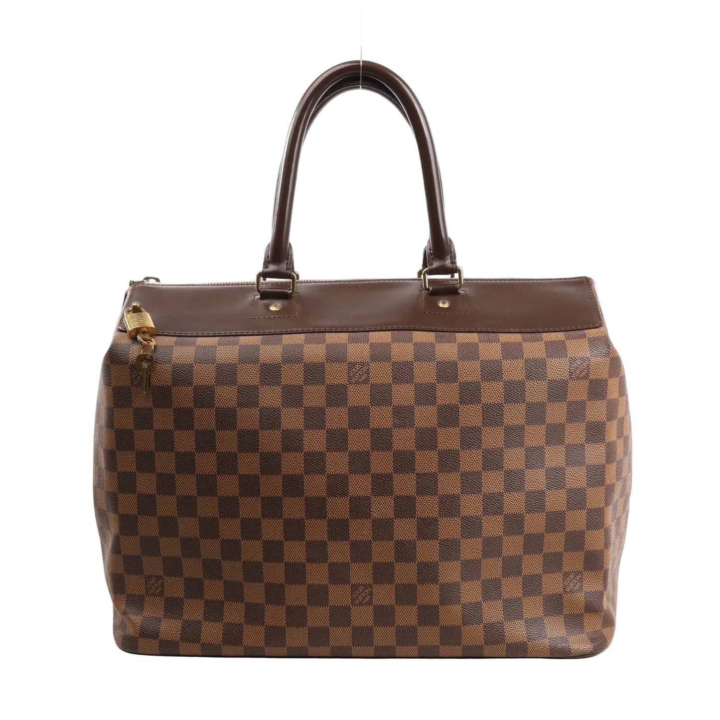 Louis Vuitton Greenwich PM handbag N41165 in brown Damier Ebene canvas featuring dual dark brown leather top handles, gold-tone hardware, and a spacious structured body with secure top zip closure.