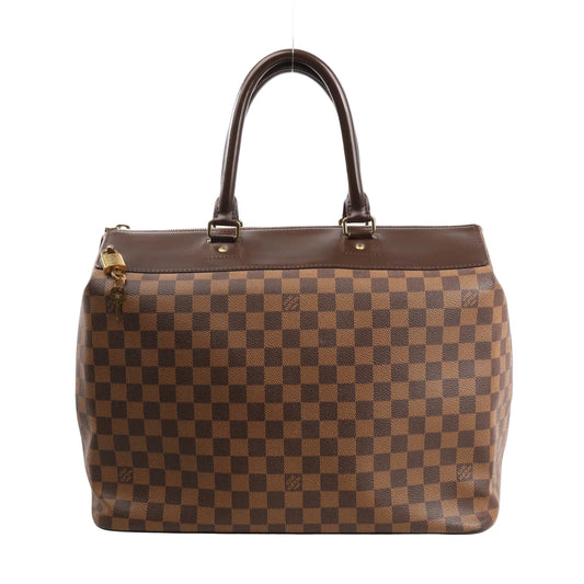 Louis Vuitton Greenwich PM handbag N41165 in brown Damier Ebene canvas featuring dual dark brown leather top handles, gold-tone hardware, and a spacious structured body with secure top zip closure.