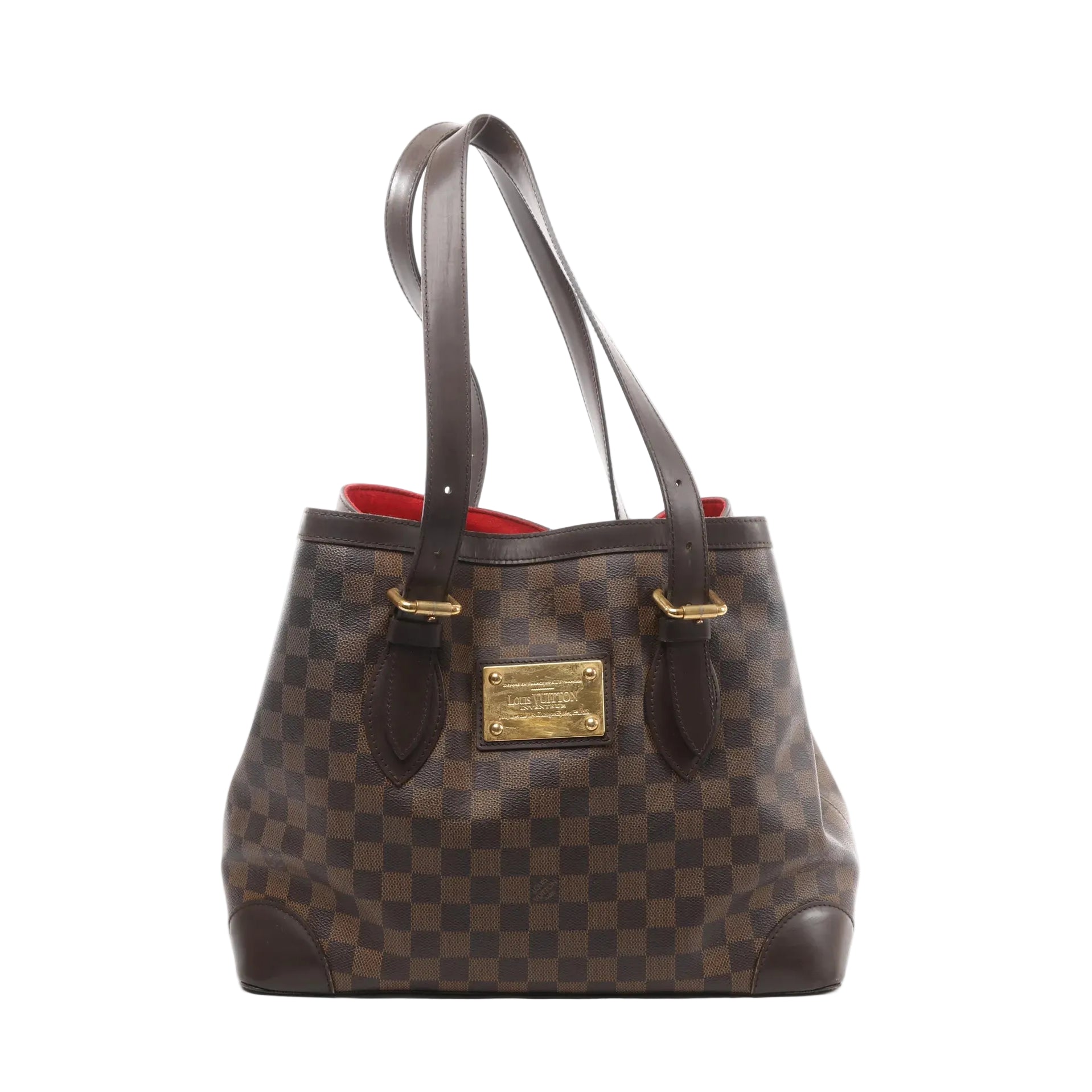 Louis Vuitton Hampstead MM tote in brown Damier Ebene checkered canvas with dark leather trim, double shoulder straps, and gold-tone logo plaque, front view on white background.