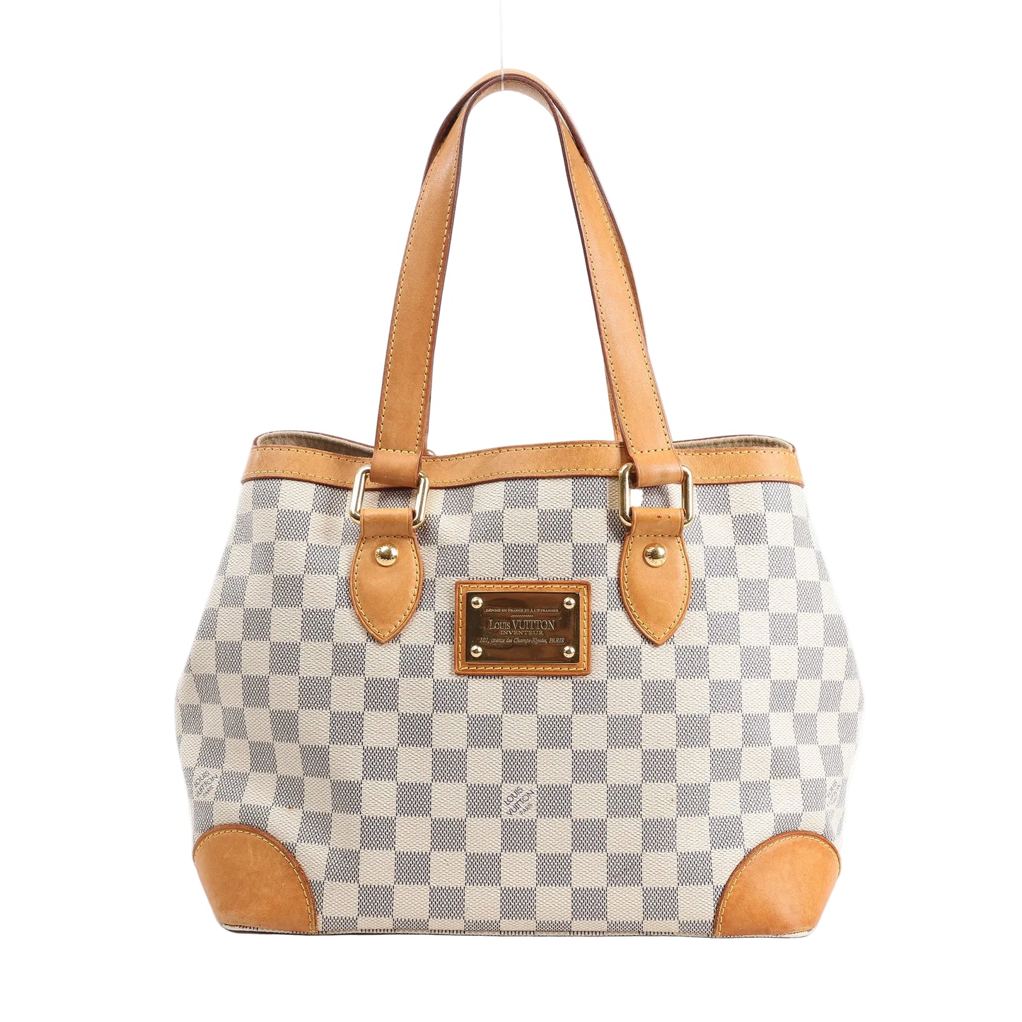 Louis Vuitton Hampstead PM Handbag N51207 in Damier Azur coated canvas with natural vachetta leather trim, dual top handles, gold-tone hardware, and a front logo-engraved nameplate, displayed against a white background.