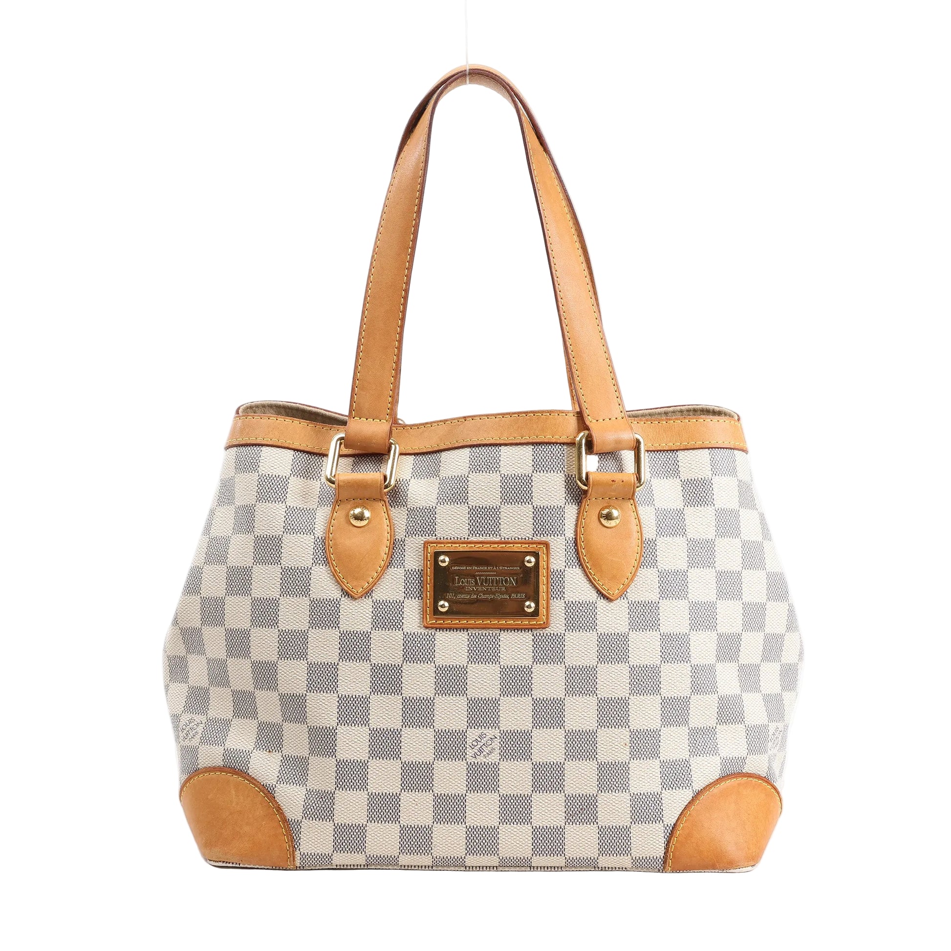 Louis Vuitton Hampstead PM Handbag N51207 in Damier Azur coated canvas with natural vachetta leather trim, dual top handles, gold-tone hardware, and a front logo-engraved nameplate, displayed against a white background.