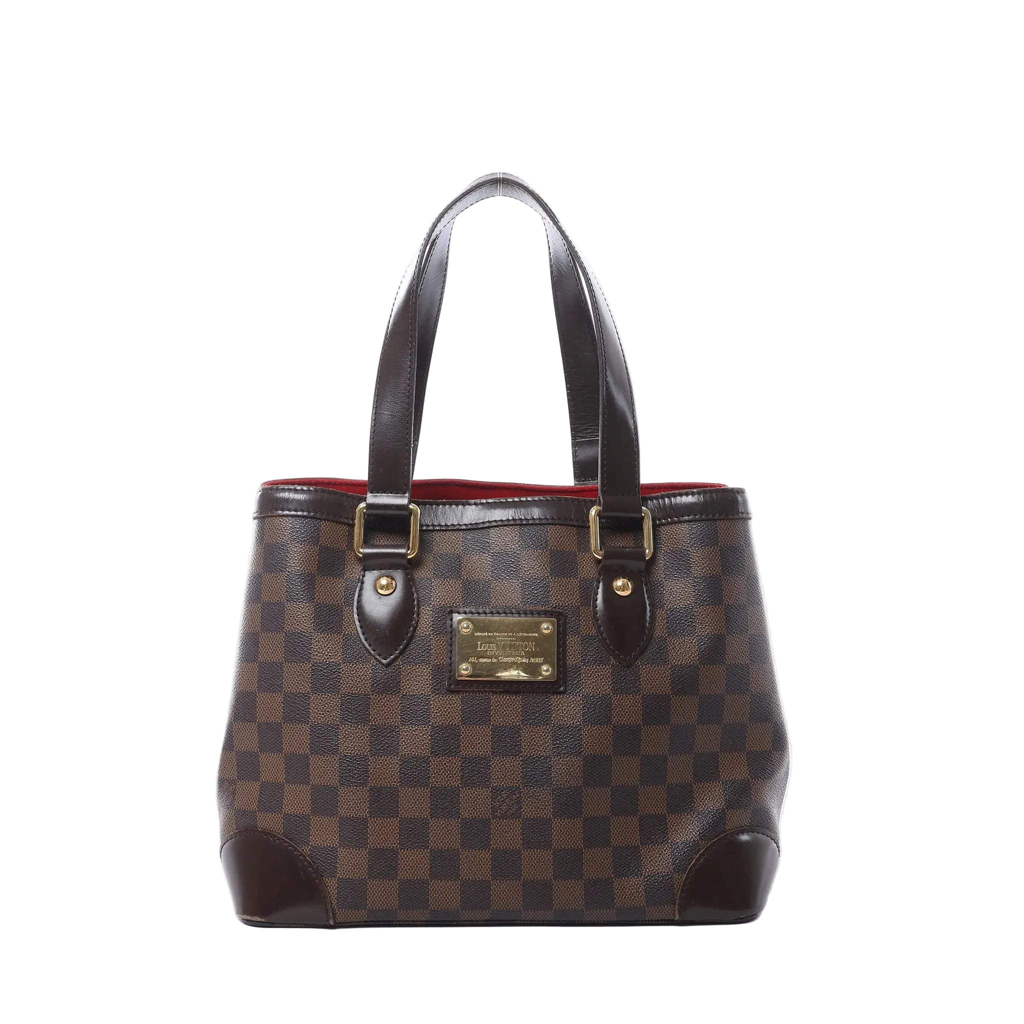 Louis Vuitton Hampstead PM shoulder bag in brown Damier Ebene canvas with dark leather handles, gold-tone hardware, front logo plaque, and red interior visible on white background.