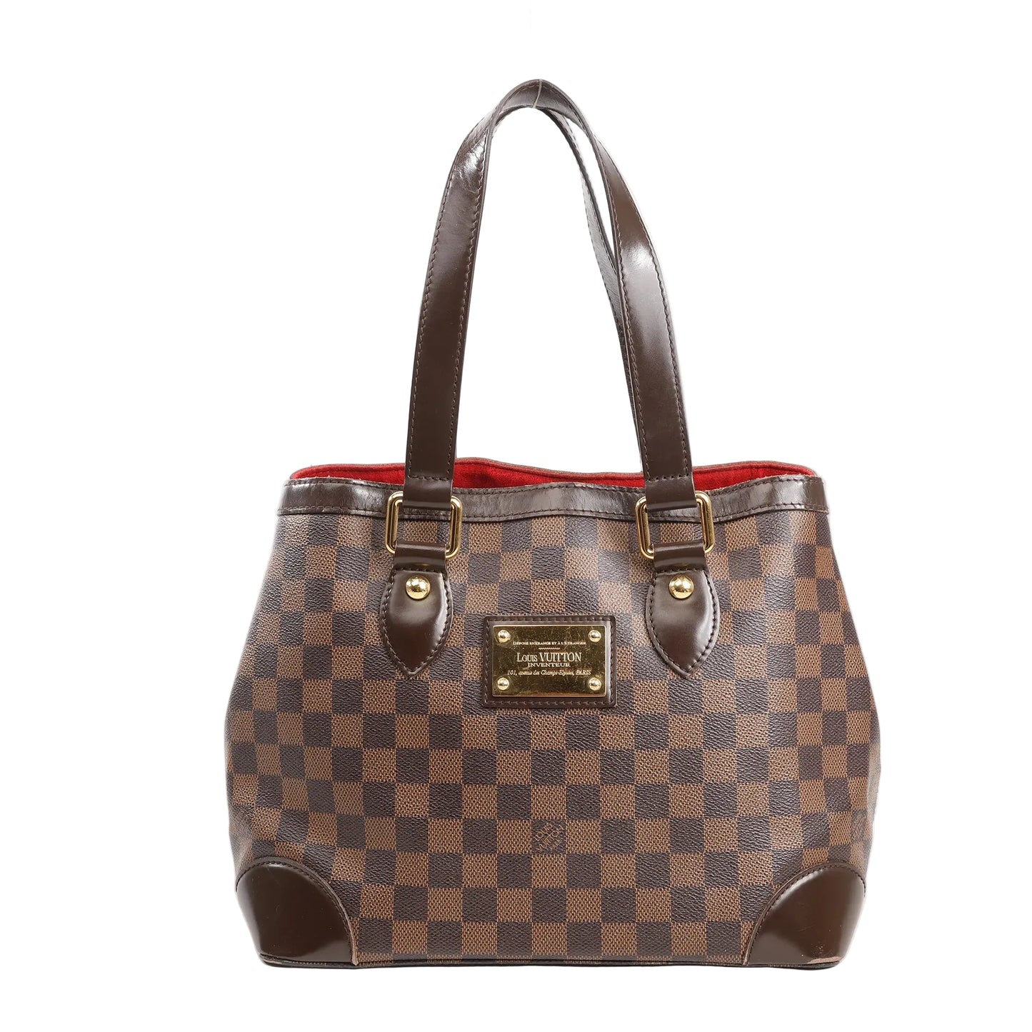 Louis Vuitton Hampstead PM shoulder bag in brown Damier Ebene canvas with dual dark brown leather straps, gold-tone plaque, and red interior lining, displayed on a white background.