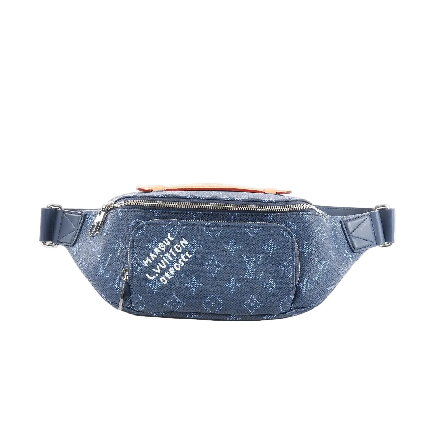Front view of Louis Vuitton Rush belt bag in blue Monogram Heritage canvas with white script detail, zip-top closure, front zip pocket, and adjustable blue belt strap.