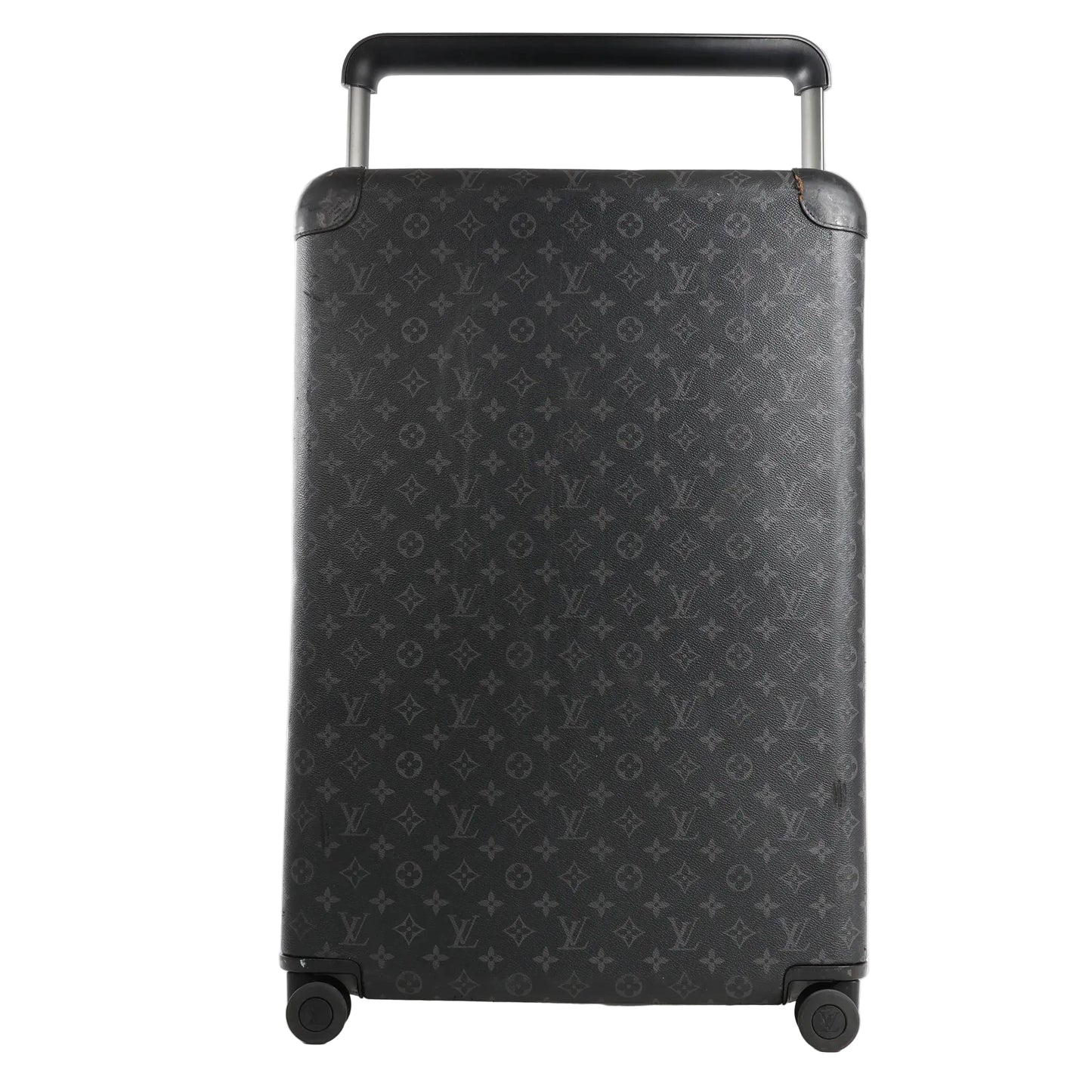 Front view of a Louis Vuitton Horizon 60 travel bag in black Monogram Eclipse canvas, featuring a hard-shell design, four wheels, and a telescopic handle.