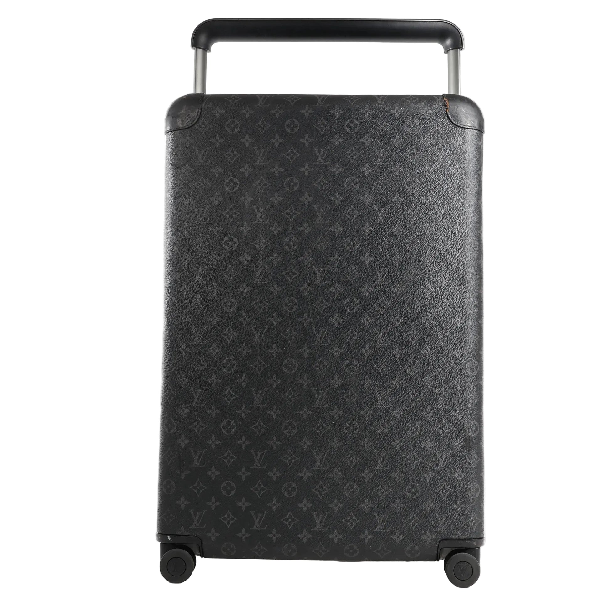 Front view of a Louis Vuitton Horizon 60 travel bag in black Monogram Eclipse canvas, featuring a hard-shell design, four wheels, and a telescopic handle.