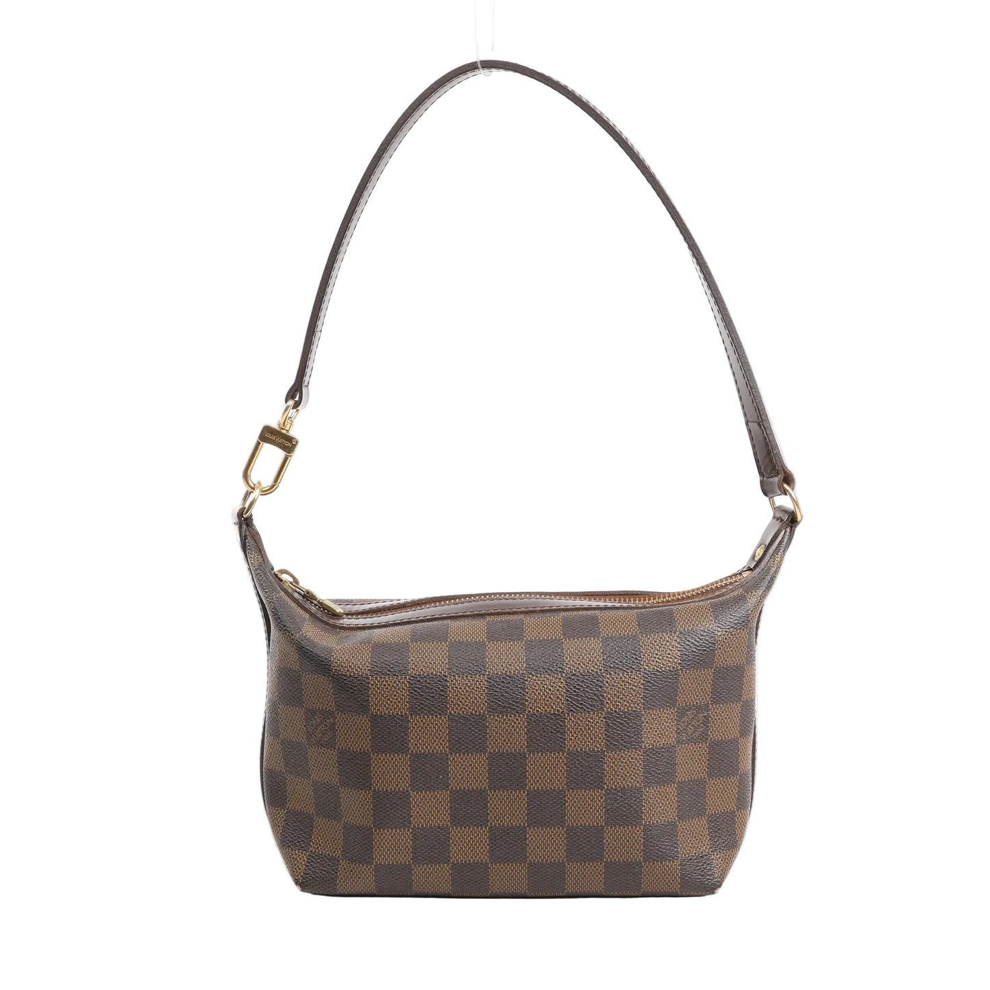 Louis Vuitton Illovo PM shoulder bag in brown Damier Ebene canvas with gold-tone zipper, short shoulder strap, and slim rectangular shape.