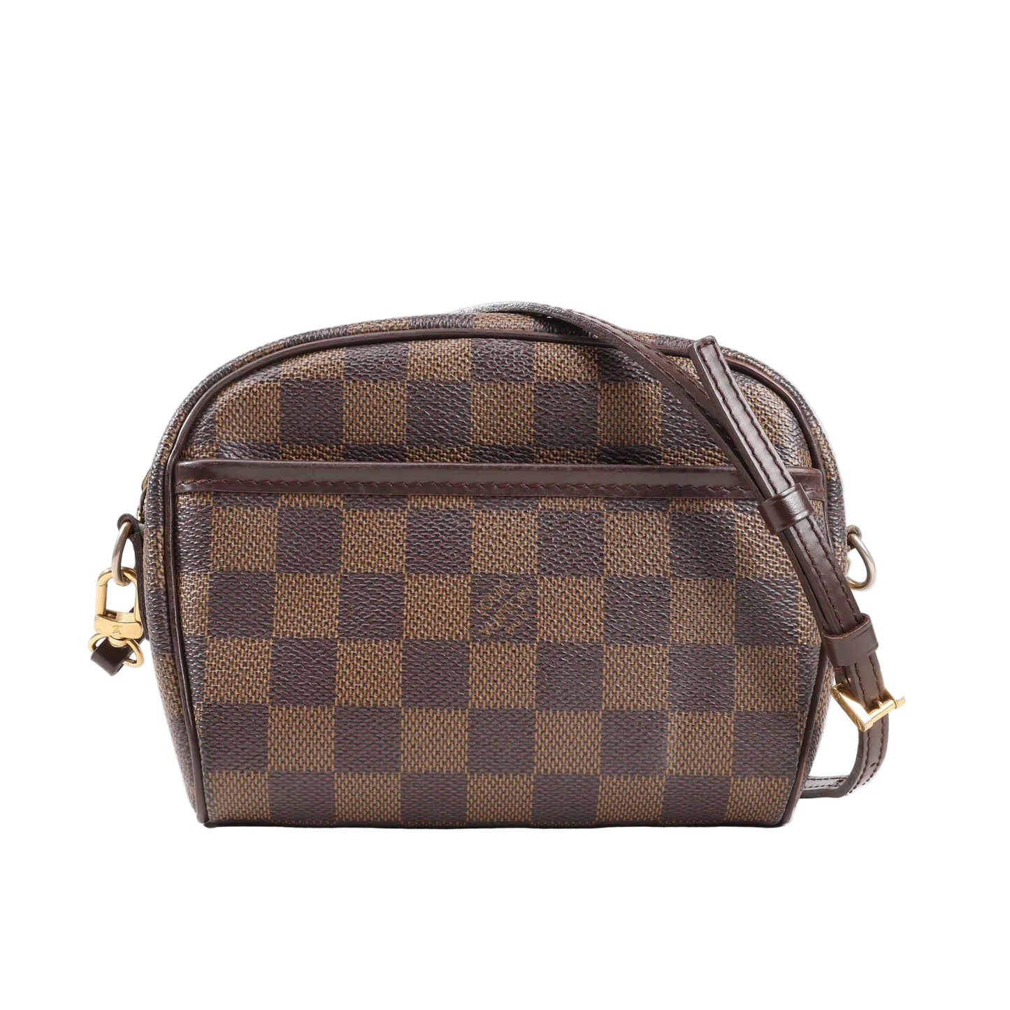 Front view of a Louis Vuitton Ipanema Pochette Crossbody Bag in Damier Ebene canvas, featuring brown checkerboard pattern, dark brown leather trim, adjustable strap, front slip pocket, and gold-tone hardware.