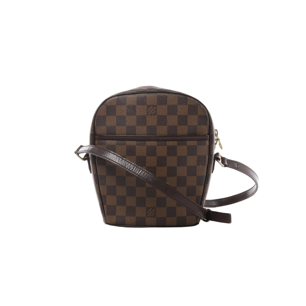 Brown Louis Vuitton Ipanema PM Damier Ebene crossbody bag with dark leather trim, adjustable shoulder strap and front exterior pocket.