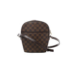 Brown Louis Vuitton Ipanema PM Damier Ebene crossbody bag with dark leather trim, adjustable shoulder strap and front exterior pocket.
