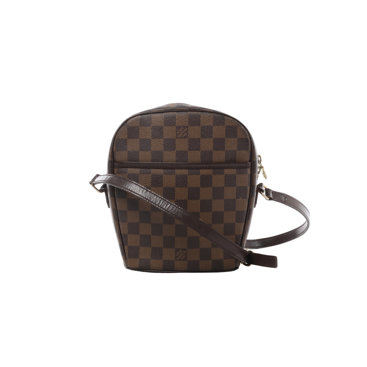 Brown Louis Vuitton Ipanema PM Damier Ebene crossbody bag with dark leather trim, adjustable shoulder strap and front exterior pocket.