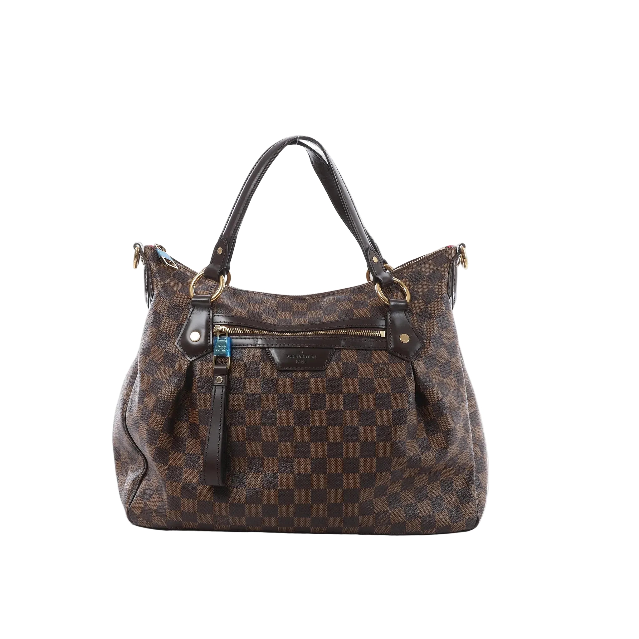 Louis Vuitton Ivorie MM shoulder bag in brown Damier Ebene canvas with dark leather handles, gold-tone hardware and front zip pocket.