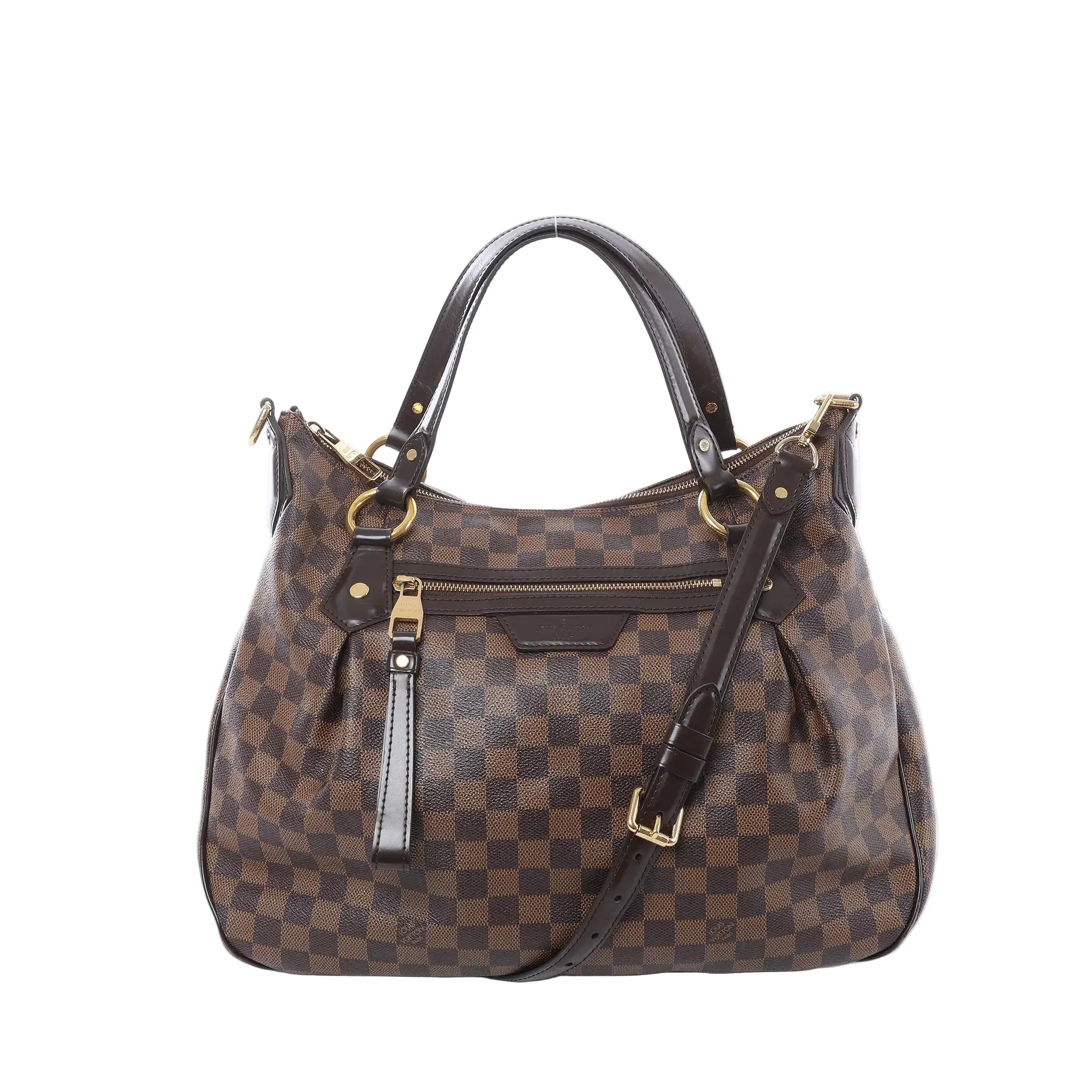 Louis Vuitton Ivorie MM shoulder bag in brown Damier Ebene canvas with dark leather top handles, detachable strap, gold-tone hardware, and front zip pocket on white background.