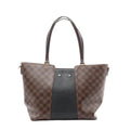 Louis Vuitton Damier Ebene check canvas tote with black leather center panel, dark brown shoulder straps, and gold-tone strap attachments