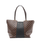 Louis Vuitton Damier Ebene check canvas tote with black leather center panel, dark brown shoulder straps, and gold-tone strap attachments