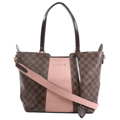 Louis Vuitton Jersey 2Way shoulder bag in Damier Ebene canvas with pink leather center panel, brown leather handles, and detachable pink strap, featuring gold-tone hardware and a structured silhouette, displayed against a white background.