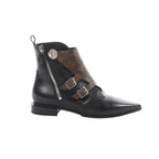 Louis Vuitton ankle boot in black leather with brown Monogram canvas overlay, silver buckles, and side zipper on white background