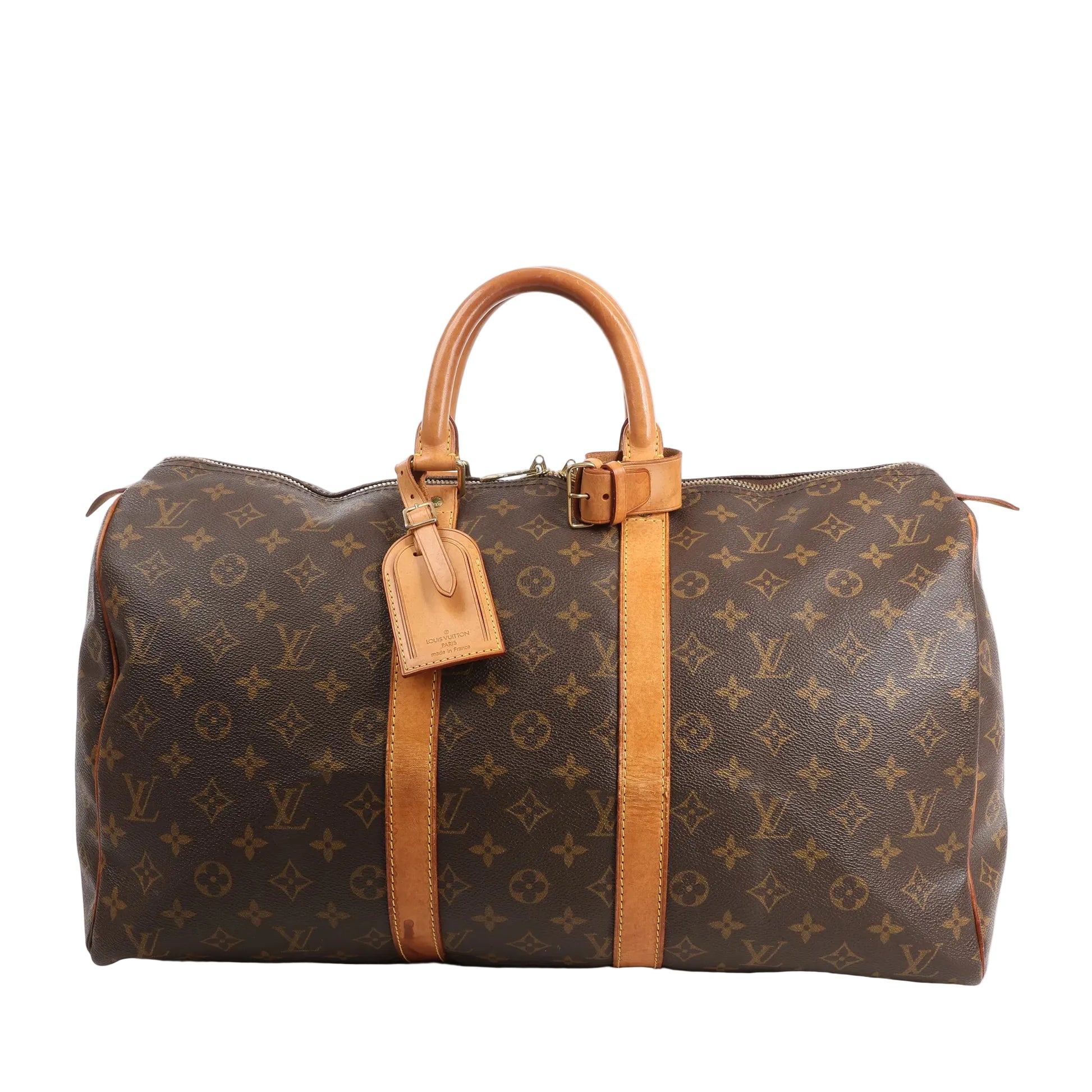 Louis Vuitton Keepall 45 M41428 travel bag in brown Monogram Canvas with natural leather trim and handles, featuring a gold-tone zipper closure, leather name tag, and structured duffle silhouette ideal for weekend travel.