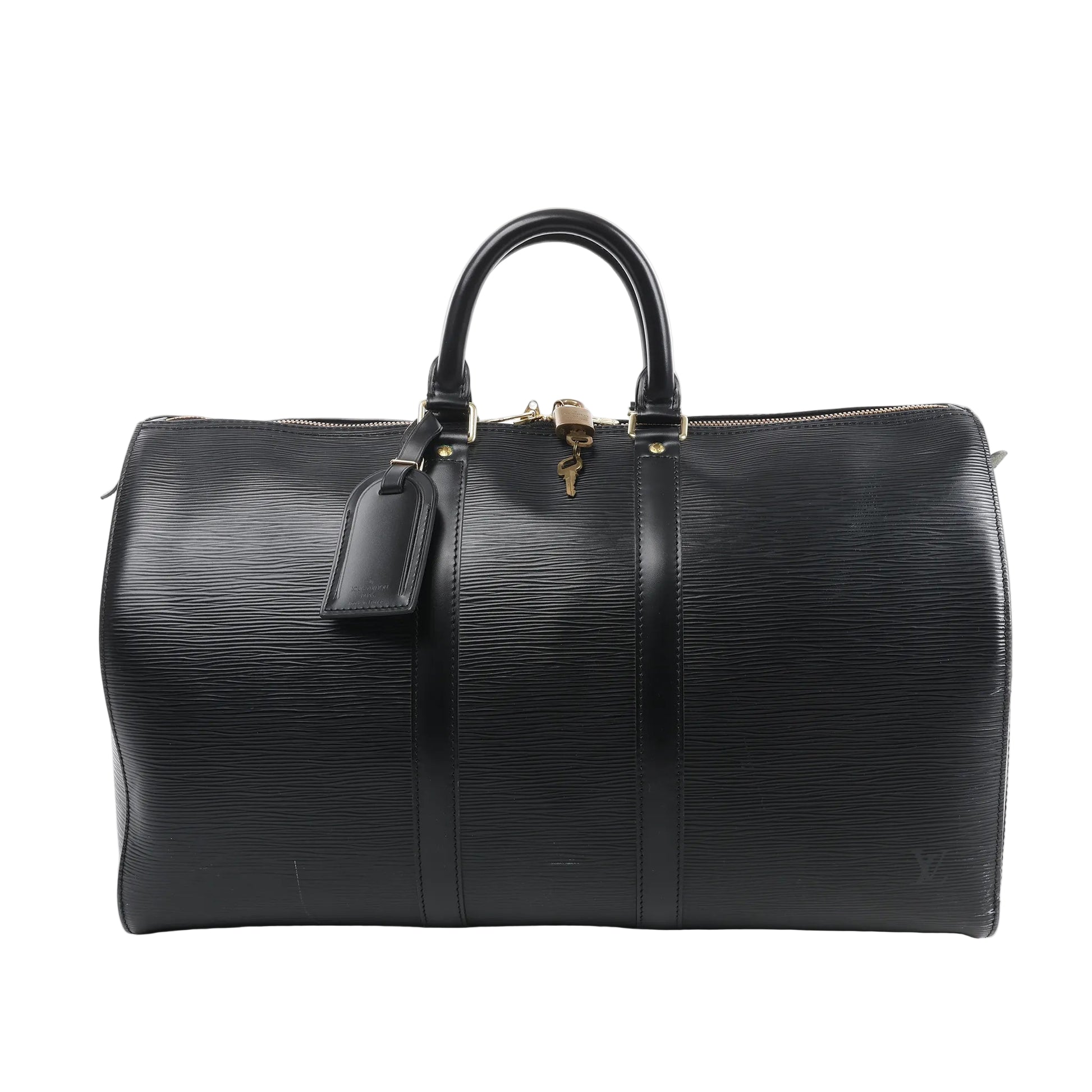 Louis Vuitton Keepall 45 travel bag M42972 in textured black Epi leather with dual rolled handles, gold-tone hardware, top zip closure, and structured cylindrical shape against a white background.