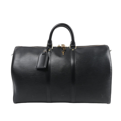 Louis Vuitton Keepall 45 travel bag M42972 in textured black Epi leather with dual rolled handles, gold-tone hardware, top zip closure, and structured cylindrical shape against a white background.
