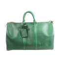 Green Louis Vuitton Keepall 45 Epi leather travel bag with rounded top handles, vertical leather trim, luggage tag and silver-tone zip hardware.