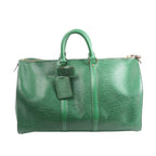 Green Louis Vuitton Keepall 45 Epi leather travel bag with rounded top handles, vertical leather trim, luggage tag and silver-tone zip hardware.