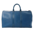 Louis Vuitton Keepall 45 travel bag in blue Epi textured leather with two top handles, zip-top closure, and subtle LV logo on the front.