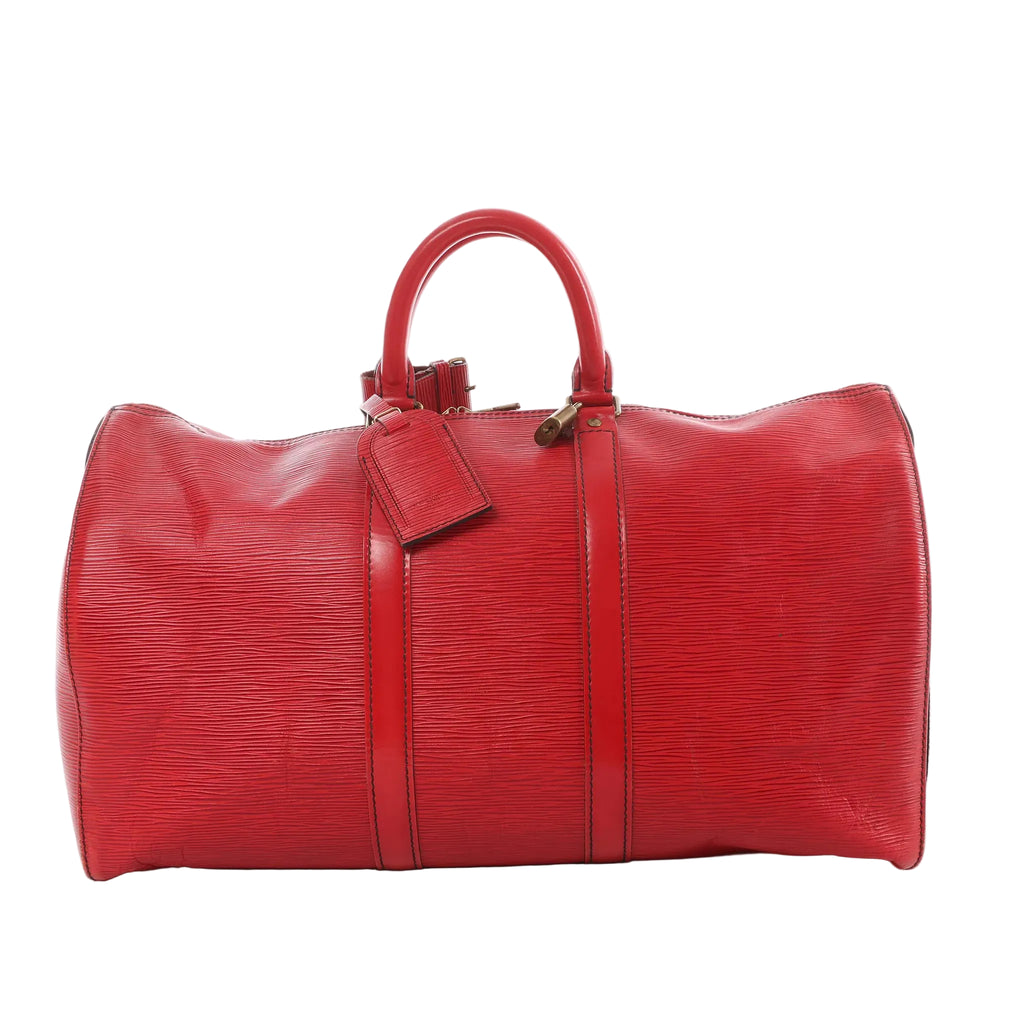 Louis Vuitton Keepall 45 red Epi leather duffle bag with rolled top handles, leather luggage tag, and strap details, front view on white background.