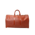Louis Vuitton Keepall 45 duffle in brown Epi textured leather with top handles and zip-top closure, front view on white background.