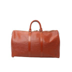 Louis Vuitton Keepall 45 duffle in brown Epi textured leather with top handles and zip-top closure, front view on white background.